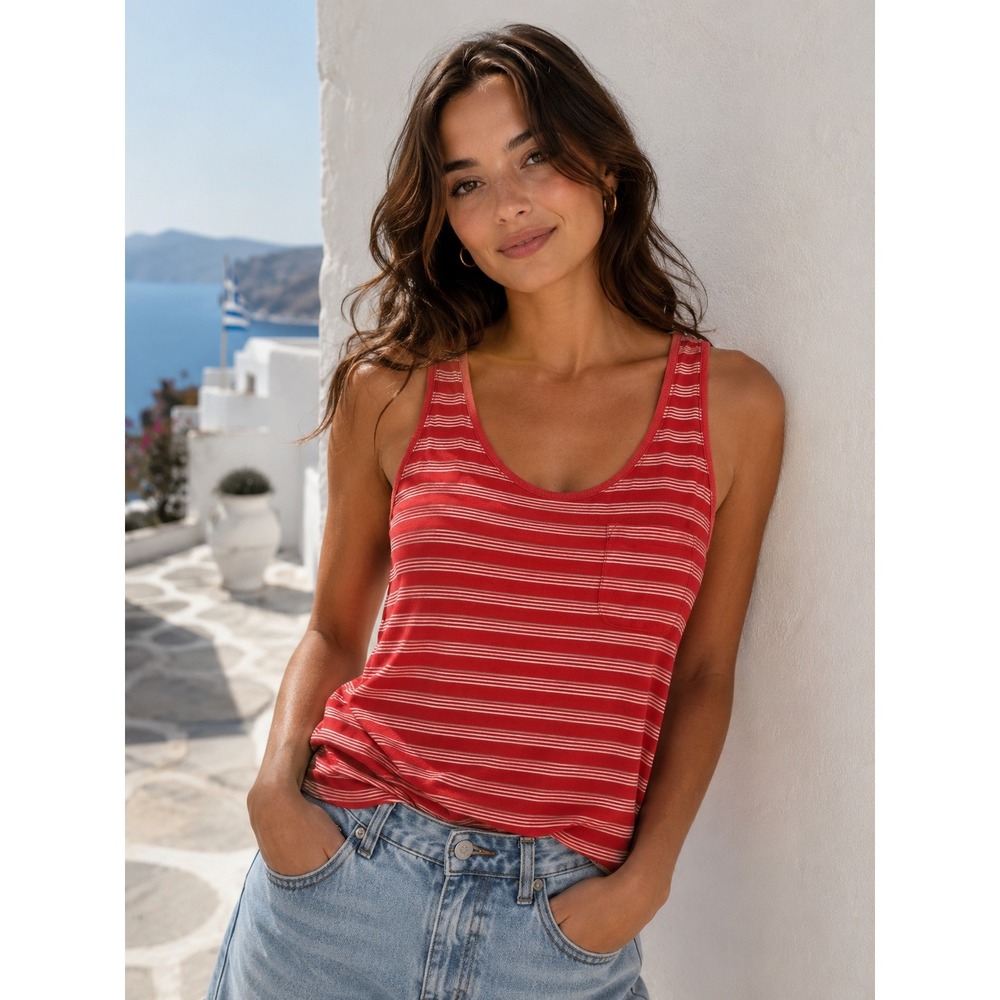 LOFT Red White Striped Pocket Tank Top Sleeveless Scoop Neck Petite MP‎